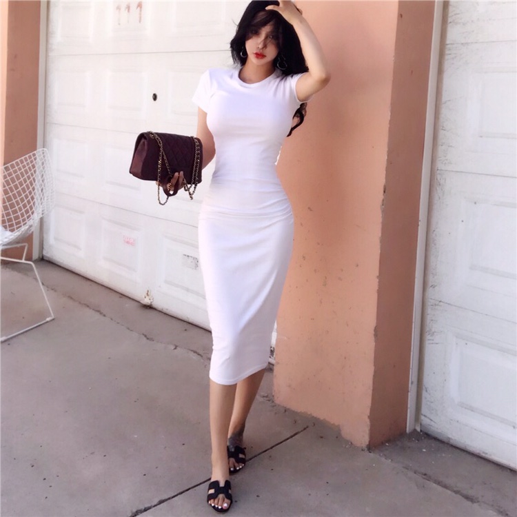 Versatile Fitted Short-Sleeve T-Shirt Dress with Bodycon Long Skirt - Stylish Korean Women's Clothing for Spring/Summer 2025