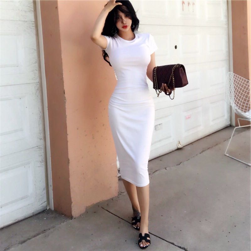 Versatile Fitted Short-Sleeve T-Shirt Dress with Bodycon Long Skirt - Stylish Korean Women's Clothing for Spring/Summer 2025