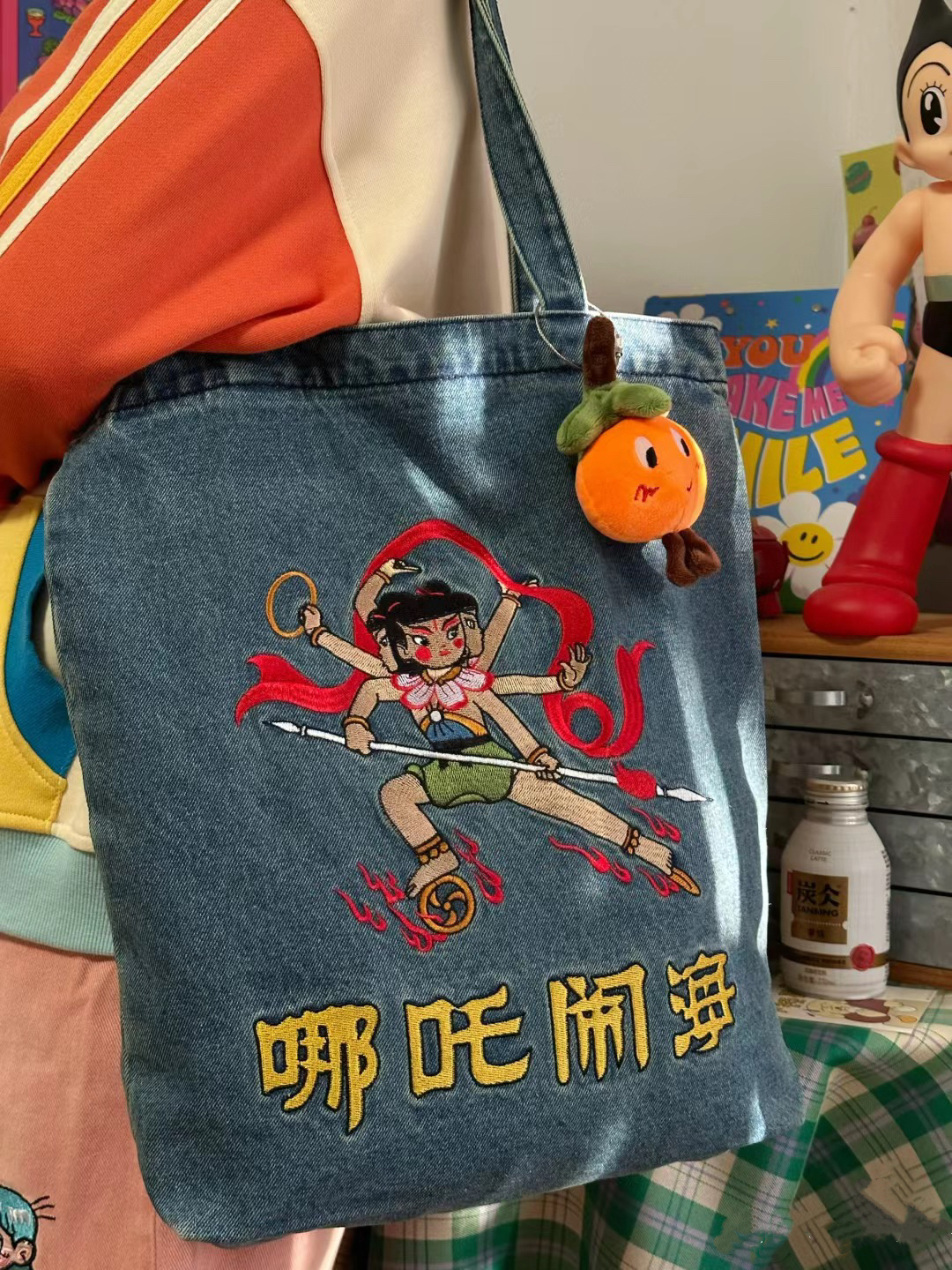 Versatile Large Capacity Denim Tote Bag - Nezha Sea Disturbance Design, Perfect for Commuters and Students