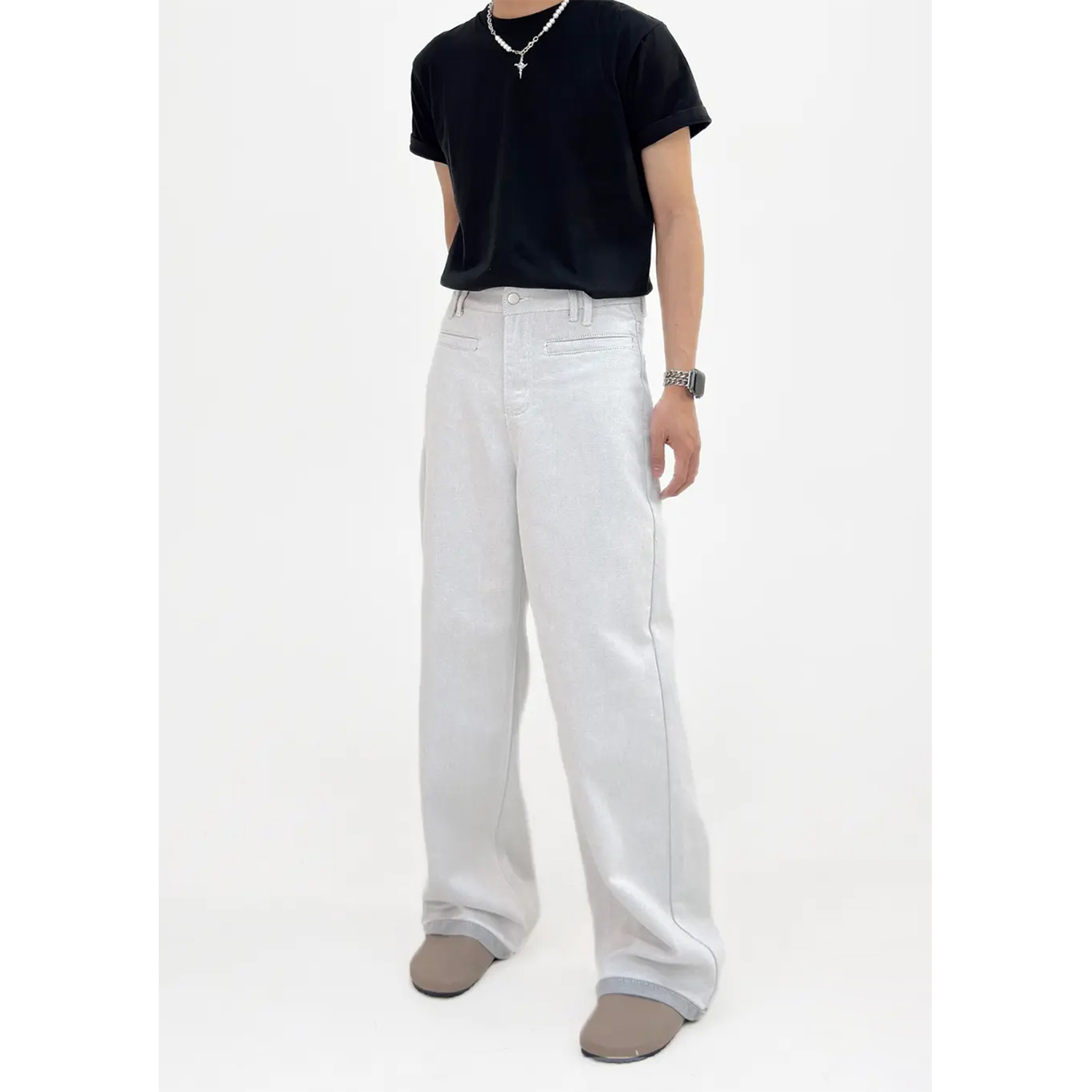 Versatile Pure White Micro-Flare Jeans for Men and Women - Trendy Retro Straight Casual Long Pants, Washed Style