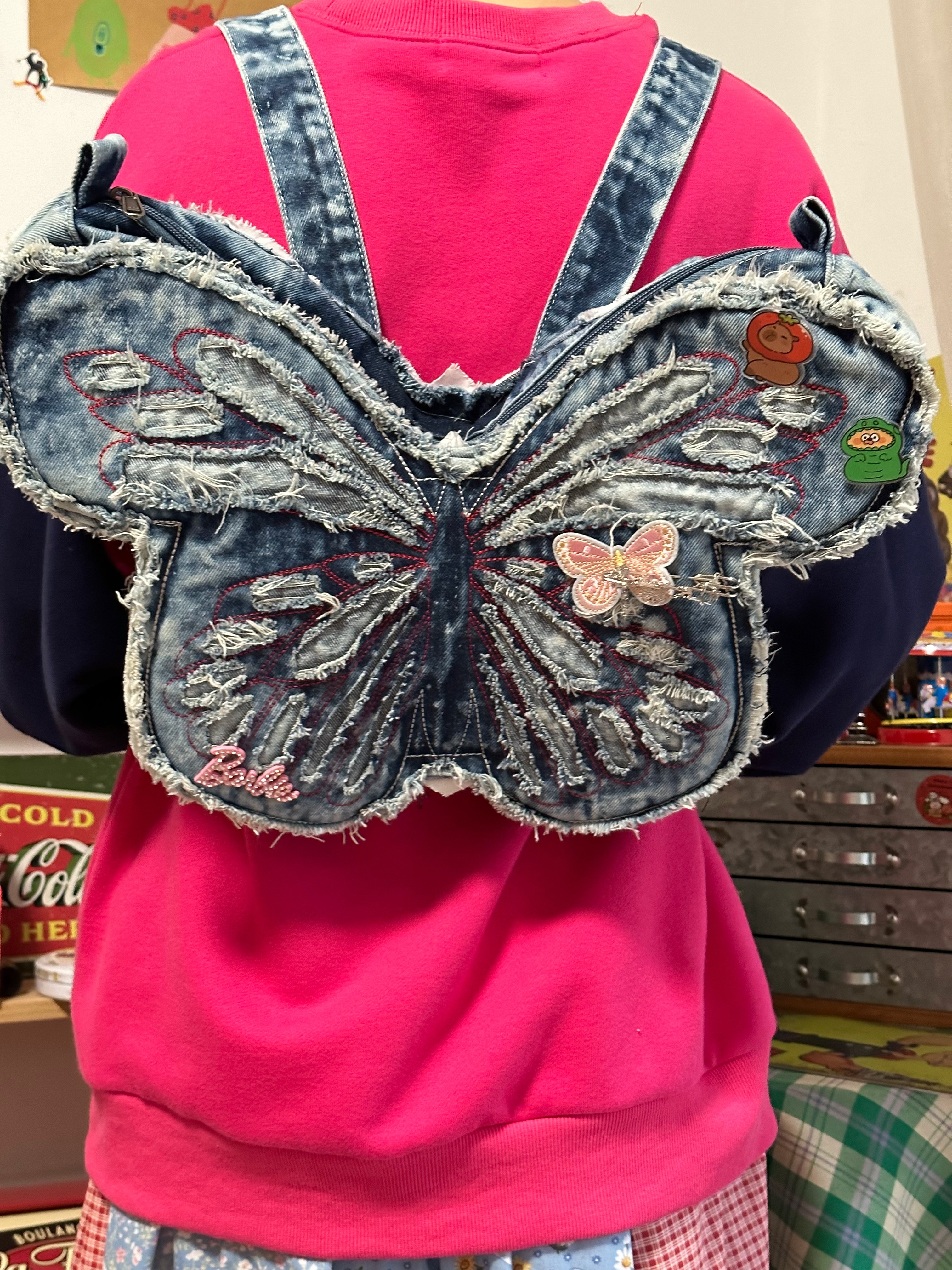 Versatile Single-Shoulder Denim Crossbody Bag with Butterfly Design - Stylish Student Backpack for High School & College