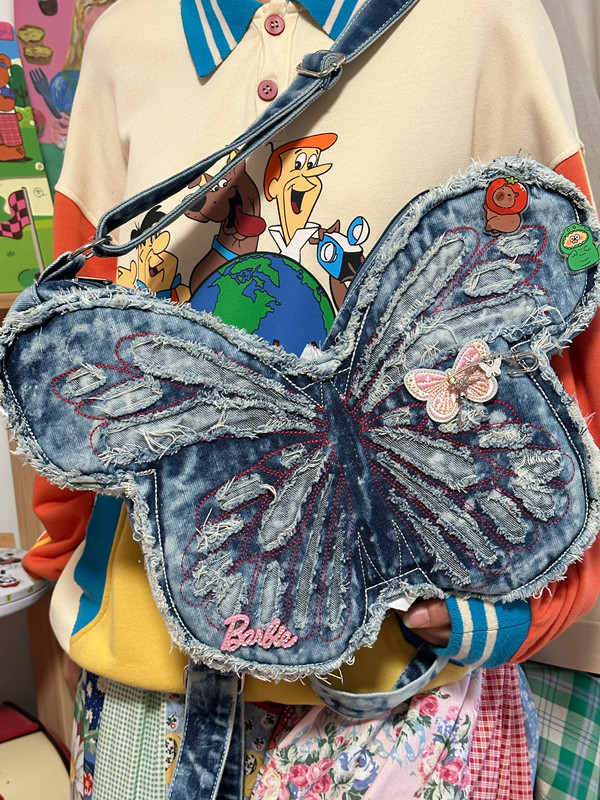 Versatile Single-Shoulder Denim Crossbody Bag with Butterfly Design - Stylish Student Backpack for High School & College