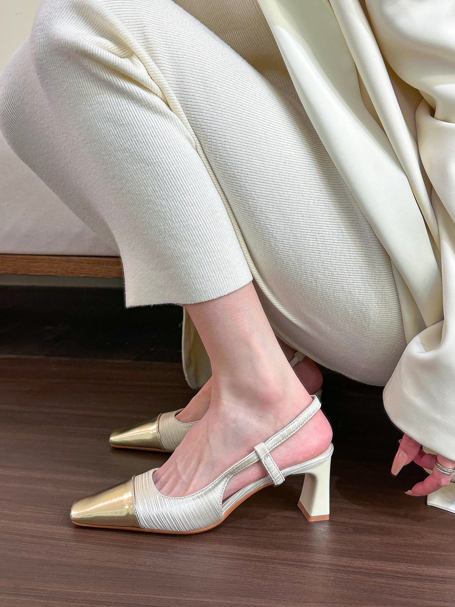 Versatile Square Toe Spliced Satin Chunky Heel High Heels for Women - Commuter Closed-Toe Sandals for Spring Summer Fashion