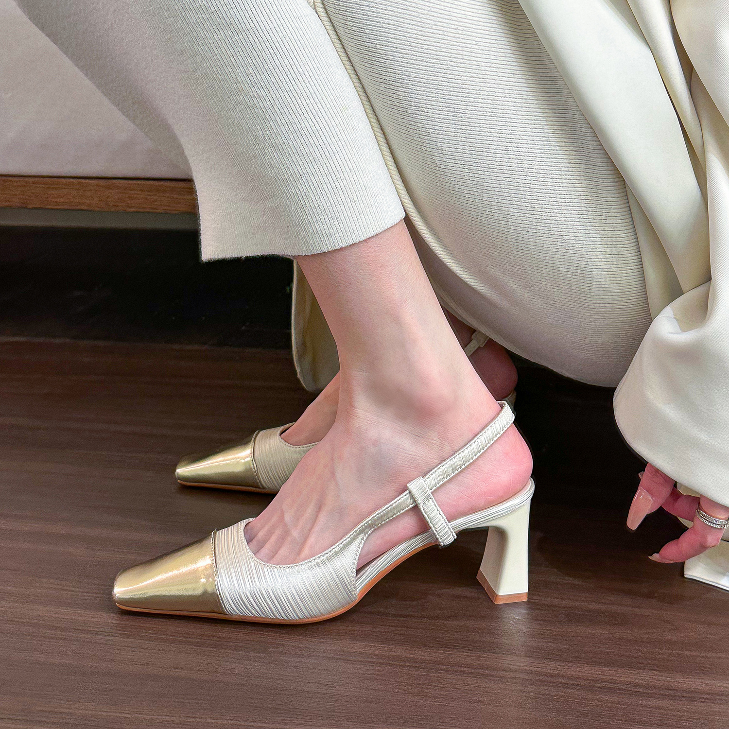 Versatile Square Toe Spliced Satin Chunky Heel High Heels for Women - Commuter Closed-Toe Sandals for Spring Summer Fashion