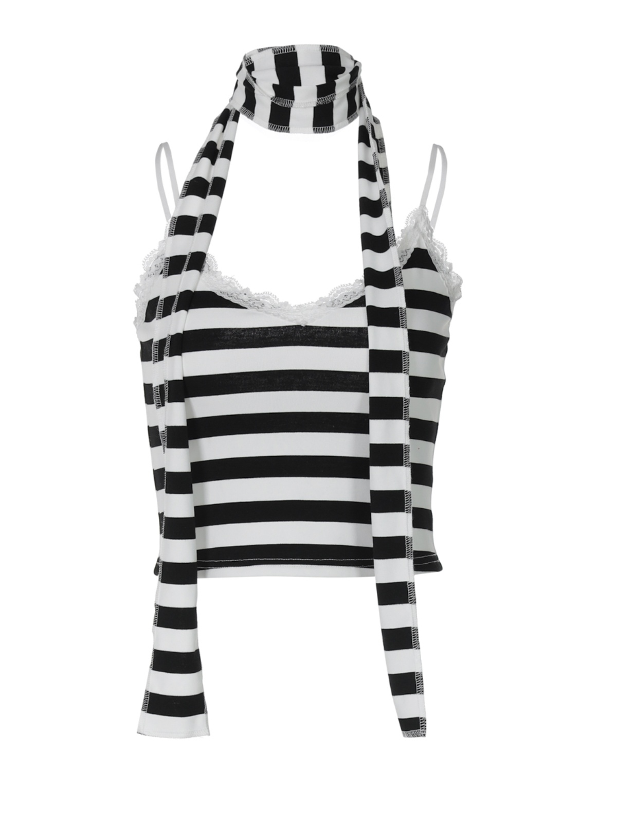 Versatile Striped Lace Spliced Slim Fit Halter Top with Flowing Straps - Perfect for Daily Wear and Y2K Style Versatile Striped Lace Spliced Slim Fit Halter Top with Flowing Straps - Perfect for Daily Wear and Y2K Style