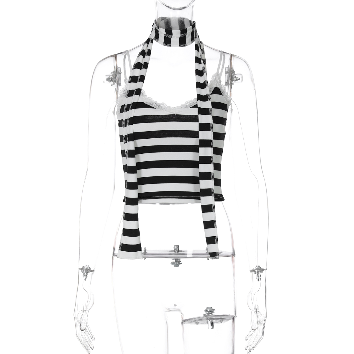 Versatile Striped Lace Spliced Slim Fit Halter Top with Flowing Straps - Perfect for Daily Wear and Y2K Style