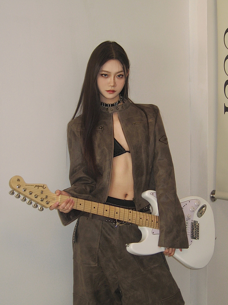 Versatile Vintage-Inspired Wide-Leg Workwear Pants and Jacket Set in Deep Coffee - Stylish Niche Design Versatile Vintage-Inspired Wide-Leg Workwear Pants and Jacket Set in Deep Coffee - Stylish Niche Design