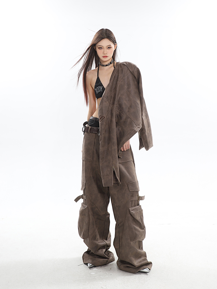 Versatile Vintage-Inspired Wide-Leg Workwear Pants and Jacket Set in Deep Coffee - Stylish Niche Design