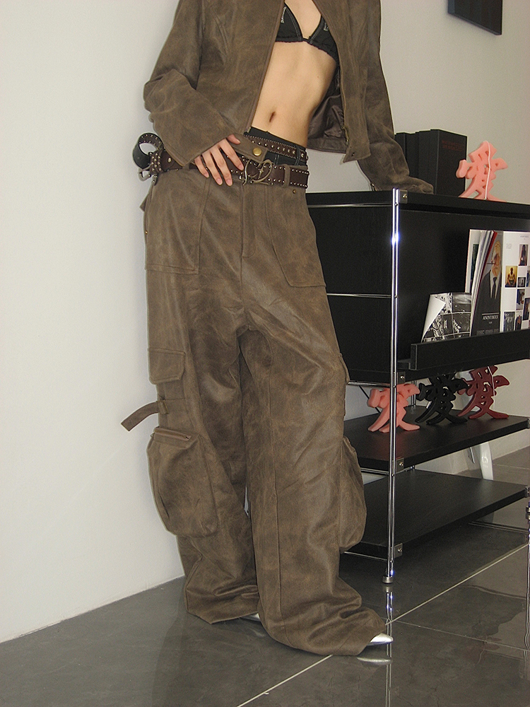 Versatile Vintage-Inspired Wide-Leg Workwear Pants and Jacket Set in Deep Coffee - Stylish Niche Design