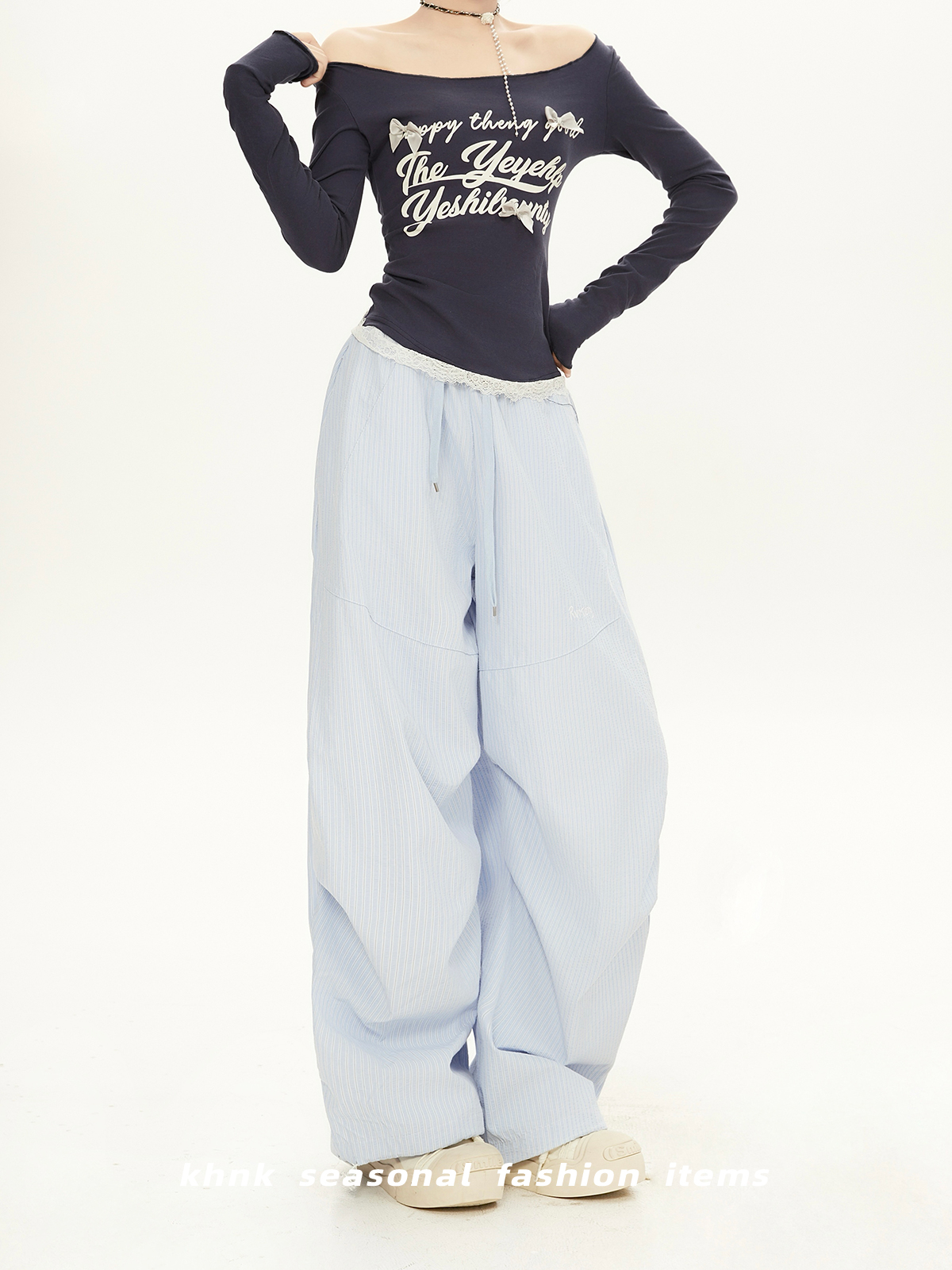 Vertical Striped Blue Casual Wide-Leg Pants for Women - Summer Loose Fit Sports Style, Trendy & Stylish Fashion