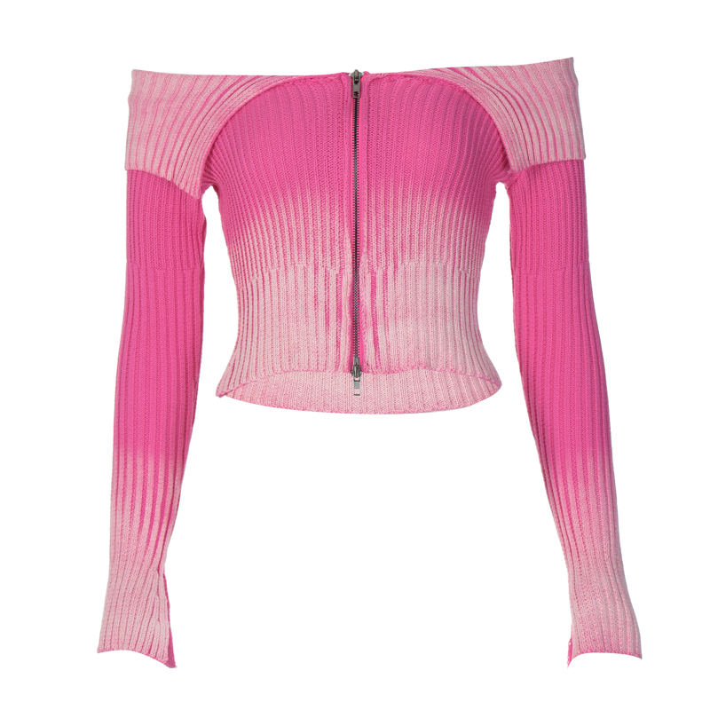 Vertical Striped Zip-Up Long Sleeve Knitted Sweater for Women - Off-Shoulder Slim Fit Crop Top, Trendy Y2K Style