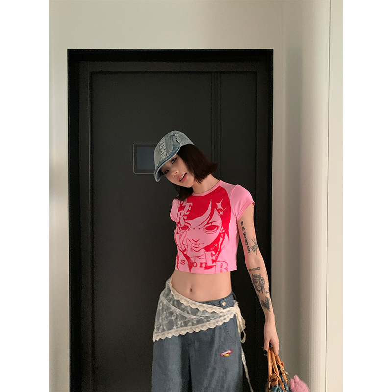 Vintage American Comic Girl Round Neck Crop Top for Women - Slim Fit Short Sleeve T-Shirt - Y2K Summer Style