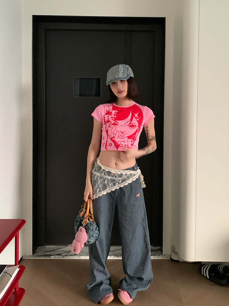 Vintage American Comic Girl Round Neck Crop Top for Women - Slim Fit Short Sleeve T-Shirt - Y2K Summer Style Vintage American Comic Girl Round Neck Crop Top for Women - Slim Fit Short Sleeve T-Shirt - Y2K Summer Style