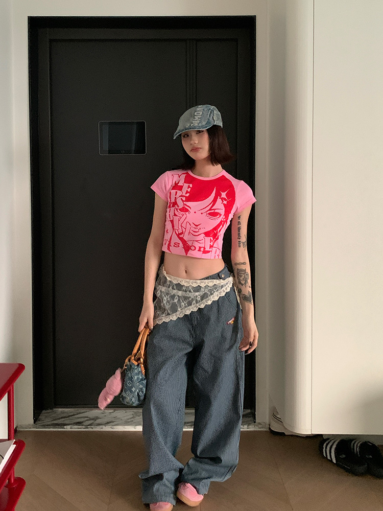 Vintage American Comic Girl Round Neck Crop Top for Women - Slim Fit Short Sleeve T-Shirt - Y2K Summer Style Vintage American Comic Girl Round Neck Crop Top for Women - Slim Fit Short Sleeve T-Shirt - Y2K Summer Style