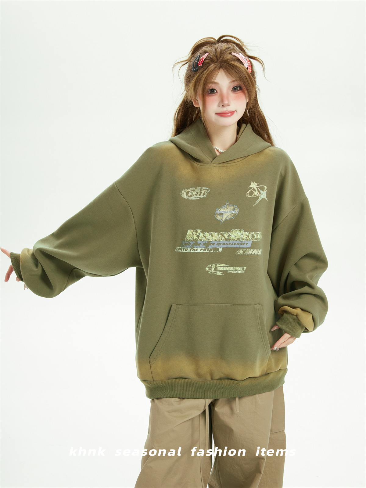 Vintage American High Street Tie-Dye Distressed Hoodie for Women - Loose Printed Pullover Jacket, Spring Autumn 2025 Trend