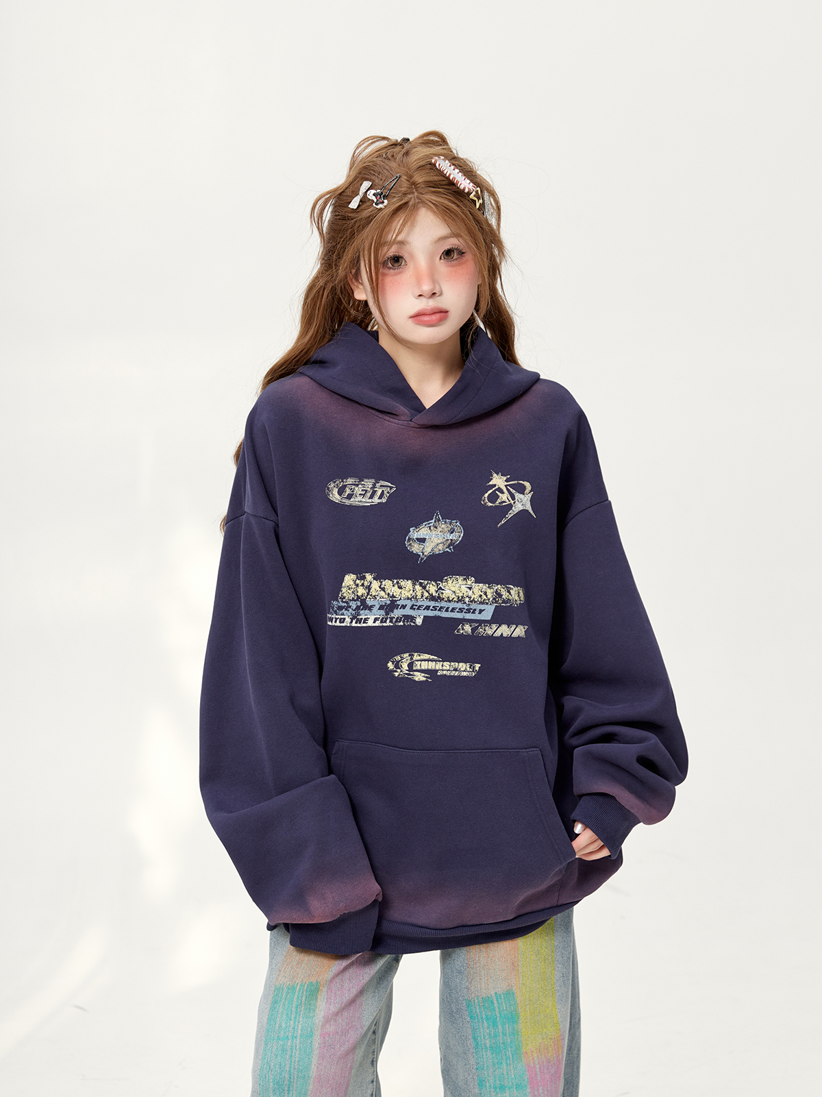 Vintage American High Street Tie-Dye Distressed Hoodie for Women - Loose Printed Pullover Jacket, Spring Autumn 2025 Trend