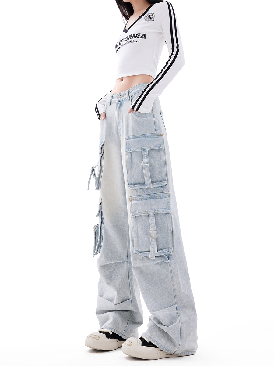 Vintage American Multi-Pocket Denim Cargo Pants for Women - High Street Loose Straight Wide-Leg Style Vintage American Multi-Pocket Denim Cargo Pants for Women - High Street Loose Straight Wide-Leg Style