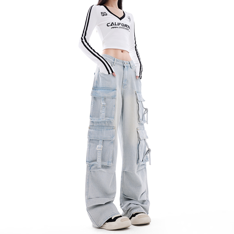 Vintage American Multi-Pocket Denim Cargo Pants for Women - High Street Loose Straight Wide-Leg Style