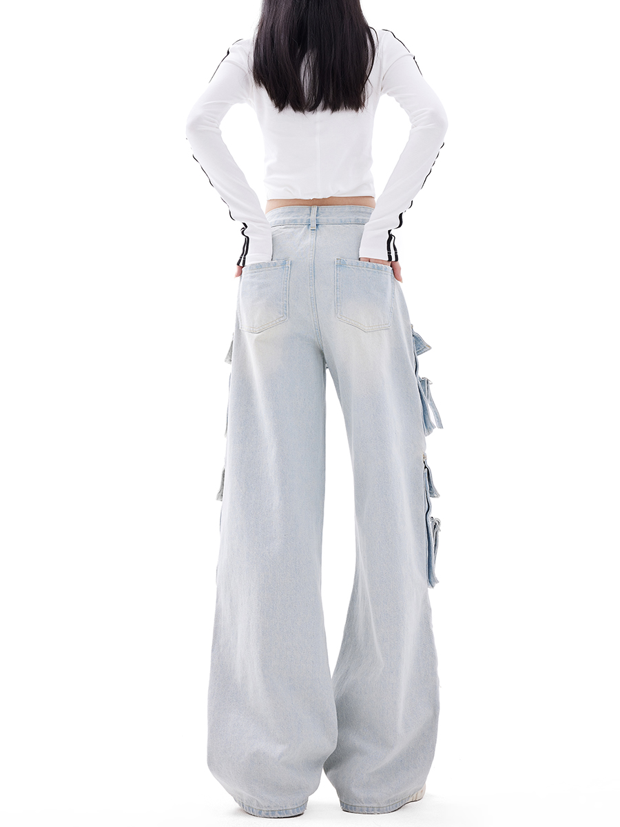 Vintage American Multi-Pocket Denim Cargo Pants for Women - High Street Loose Straight Wide-Leg Style Vintage American Multi-Pocket Denim Cargo Pants for Women - High Street Loose Straight Wide-Leg Style