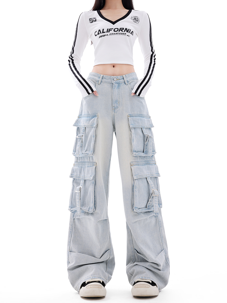 Vintage American Multi-Pocket Denim Cargo Pants for Women - High Street Loose Straight Wide-Leg Style