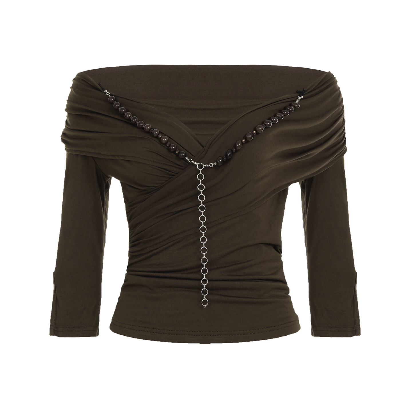 Vintage American Sexy Brown V-Neck Off-Shoulder Short Sleeve T-Shirt with Ruched Waist and Beaded Detail for Summer 90s Style