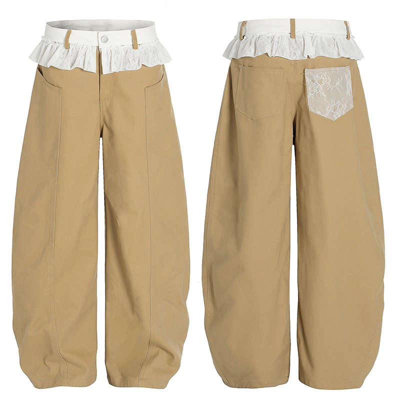 Vintage American-Style Lace Spliced Wide-Leg Jeans for Women - Summer High-Waisted Loose Straight Pants