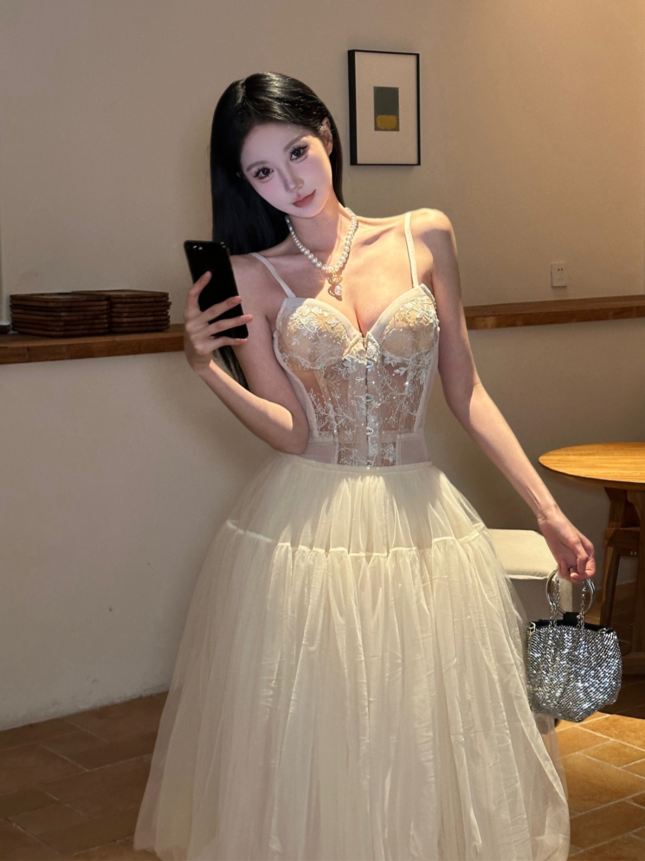 Vintage Ballet Tulle Midi Skirt - A-Line Puff Skirt with Lace Corset for Women's Summer Fashion