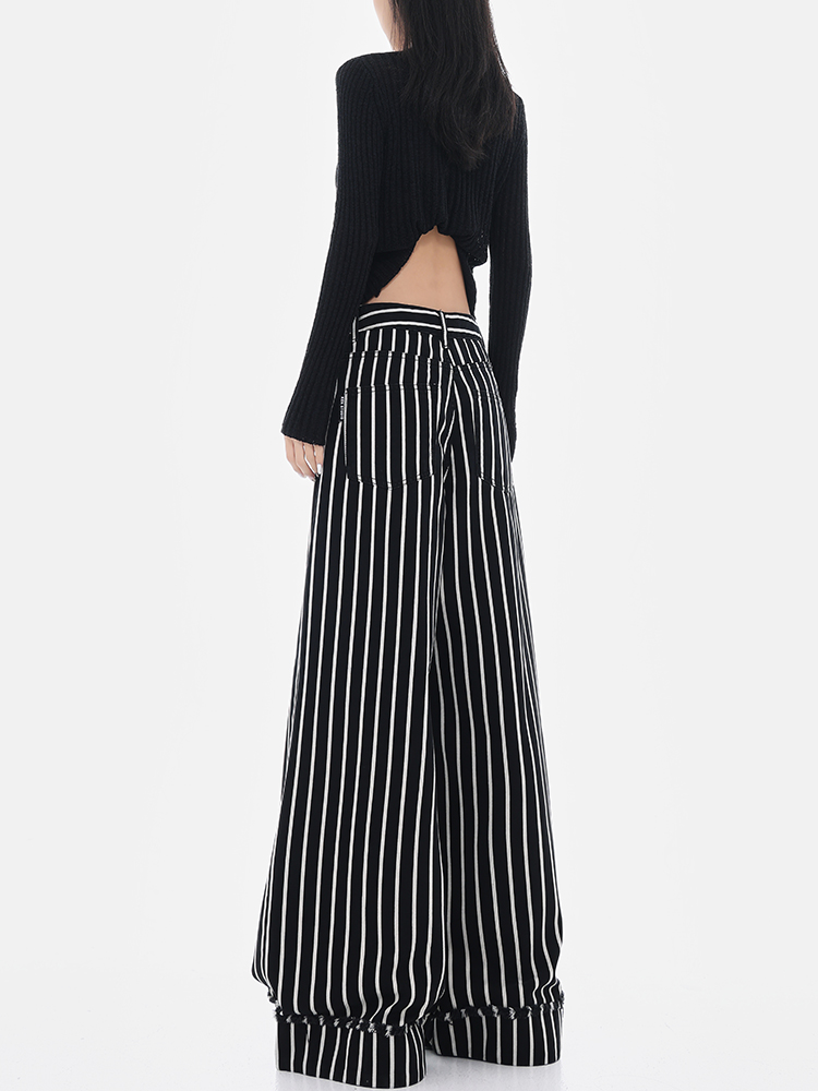 Vintage Black and White Striped Wide-Leg High-Waisted Loose Floor-Length Jeans for Y2K and 90s Inspired Style Vintage Black and White Striped Wide-Leg High-Waisted Loose Floor-Length Jeans for Y2K and 90s Inspired Style