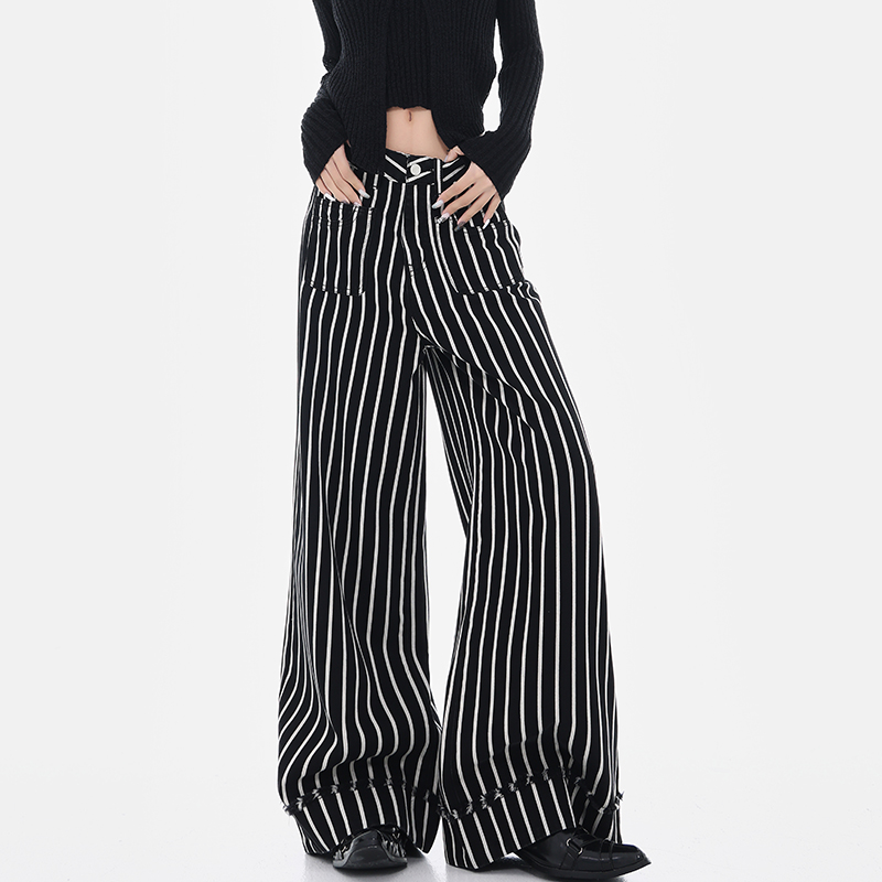 Vintage Black and White Striped Wide-Leg High-Waisted Loose Floor-Length Jeans for Y2K and 90s Inspired Style