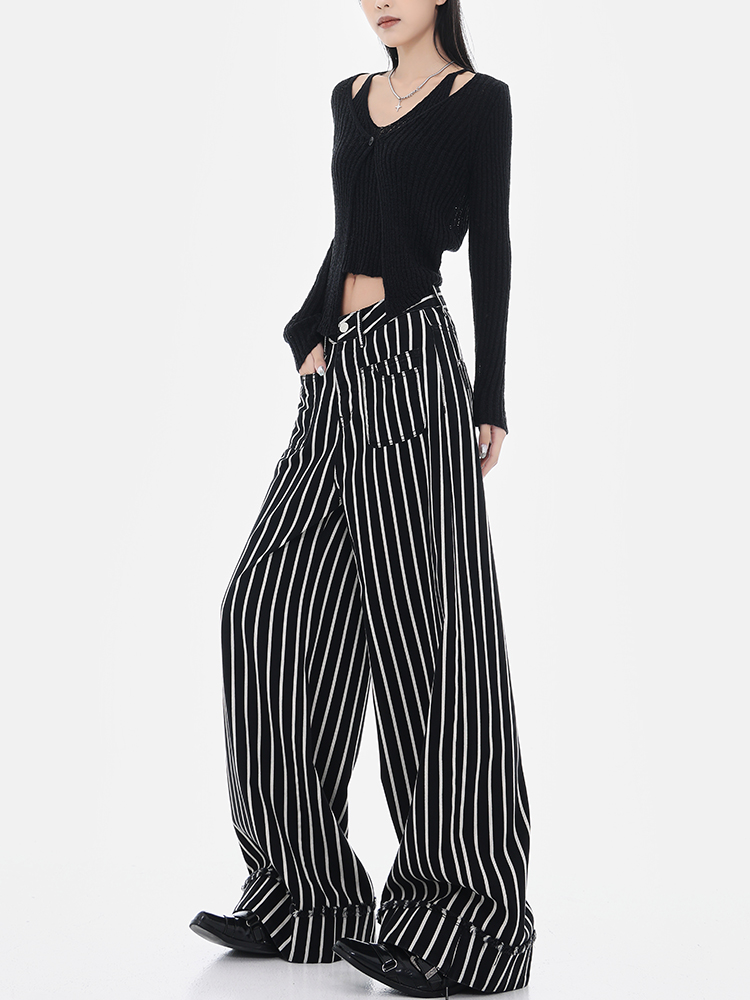 Vintage Black and White Striped Wide-Leg High-Waisted Loose Floor-Length Jeans for Y2K and 90s Inspired Style Vintage Black and White Striped Wide-Leg High-Waisted Loose Floor-Length Jeans for Y2K and 90s Inspired Style