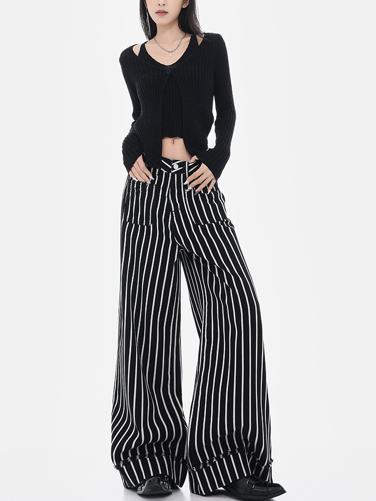 Vintage Black and White Striped Wide-Leg High-Waisted Loose Floor-Length Jeans for Y2K and 90s Inspired Style