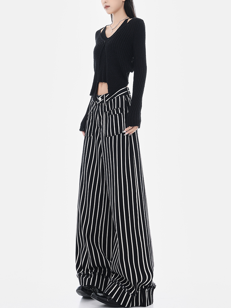 Vintage Black and White Striped Wide-Leg High-Waisted Loose Floor-Length Jeans for Y2K and 90s Inspired Style Vintage Black and White Striped Wide-Leg High-Waisted Loose Floor-Length Jeans for Y2K and 90s Inspired Style
