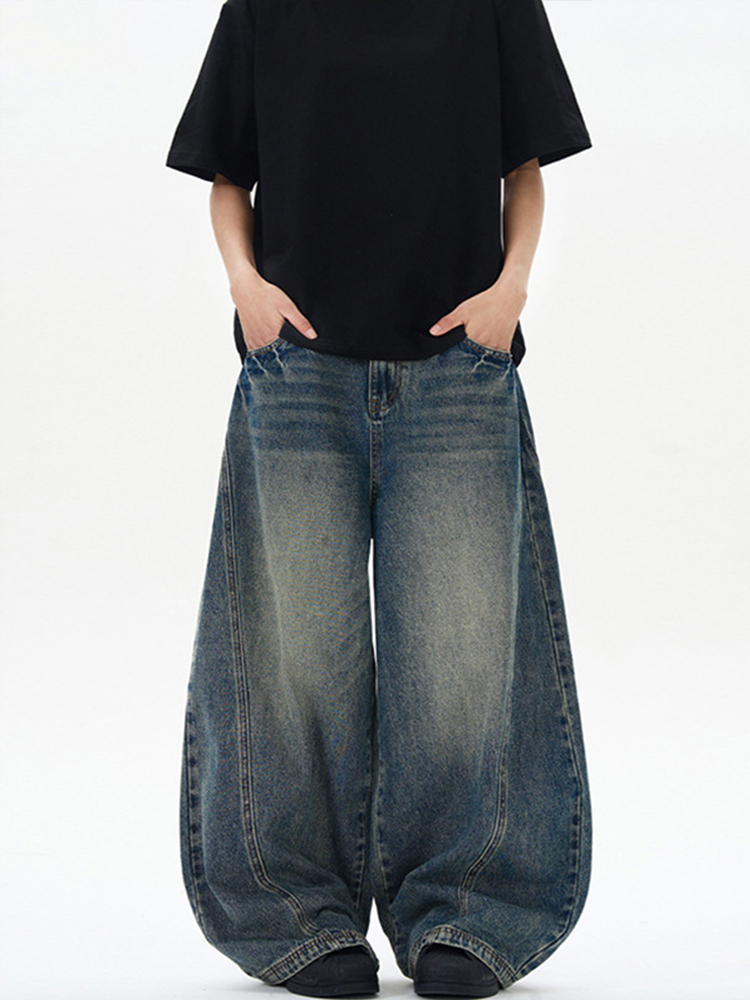 Vintage Blue Cleanfit Washed Twill Curved Blade Jeans for Unisex - Trendy Baggy Straight Scythe Pants in 90s Y2K Style