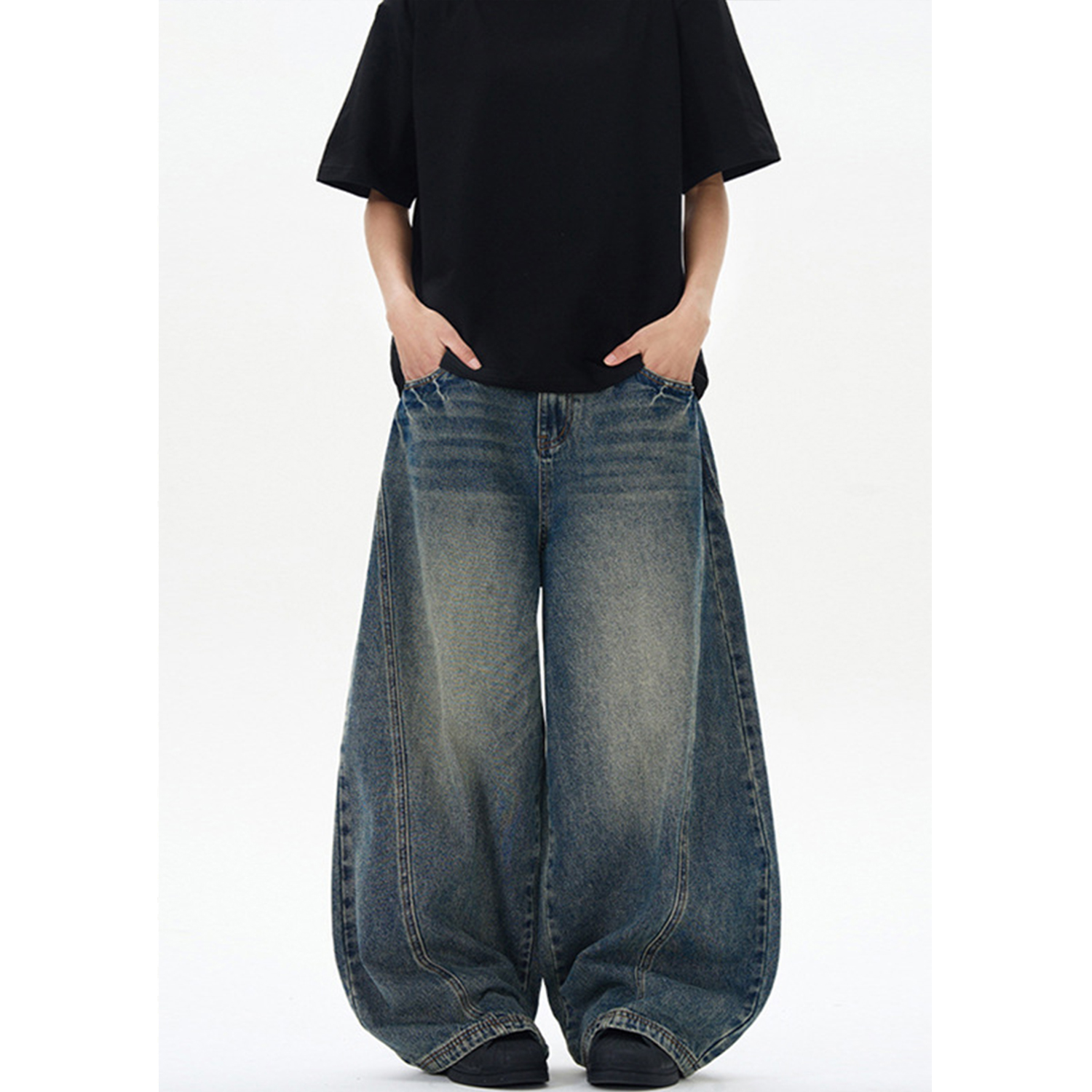 Vintage Blue Cleanfit Washed Twill Curved Blade Jeans for Unisex - Trendy Baggy Straight Scythe Pants in 90s Y2K Style