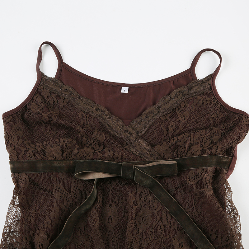 Vintage Brown Lace Jacquard Tie-Knit Camisole - Slim Fit Retro Top for Versatile 90s Inspired Style Vintage Brown Lace Jacquard Tie-Knit Camisole - Slim Fit Retro Top for Versatile 90s Inspired Style