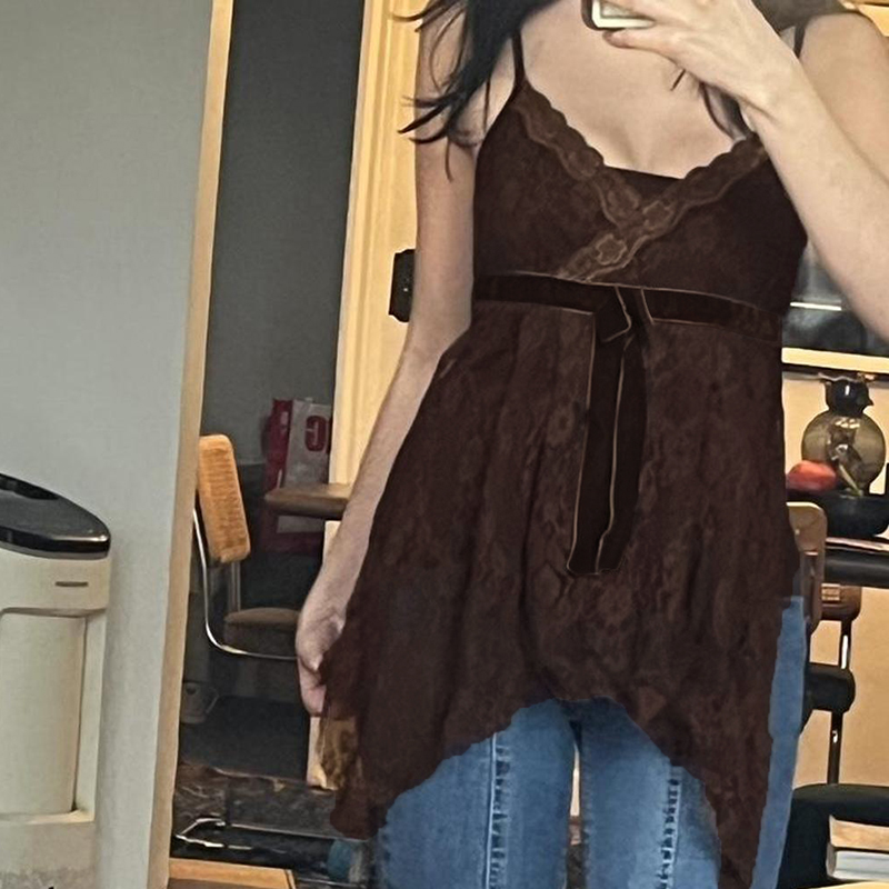 Vintage Brown Lace Jacquard Tie-Knit Camisole - Slim Fit Retro Top for Versatile 90s Inspired Style Vintage Brown Lace Jacquard Tie-Knit Camisole - Slim Fit Retro Top for Versatile 90s Inspired Style
