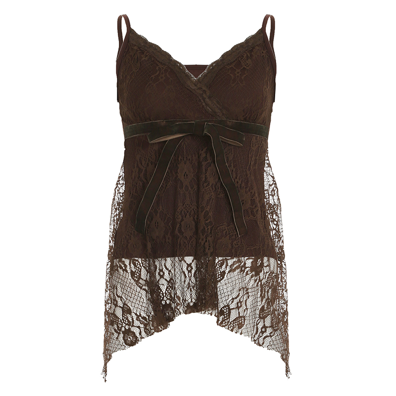 Vintage Brown Lace Jacquard Tie-Knit Camisole - Slim Fit Retro Top for Versatile 90s Inspired Style