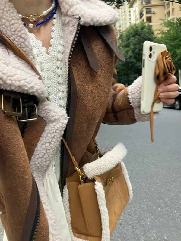 Vintage Brown Lamb Wool Crossbody Tote Bag - Matte Suede Large Capacity Commuter Handbag for Women, Small Square Design