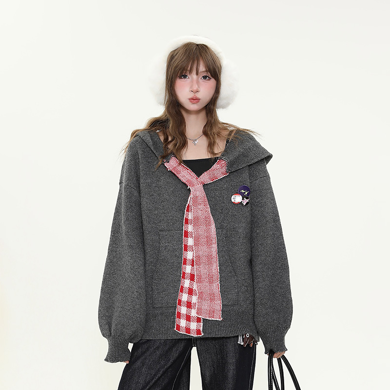 Vintage College Style Plaid Patchwork Hooded Sweater for Women - Loose Knitted Coat for Autumn Winter Casual Fashion