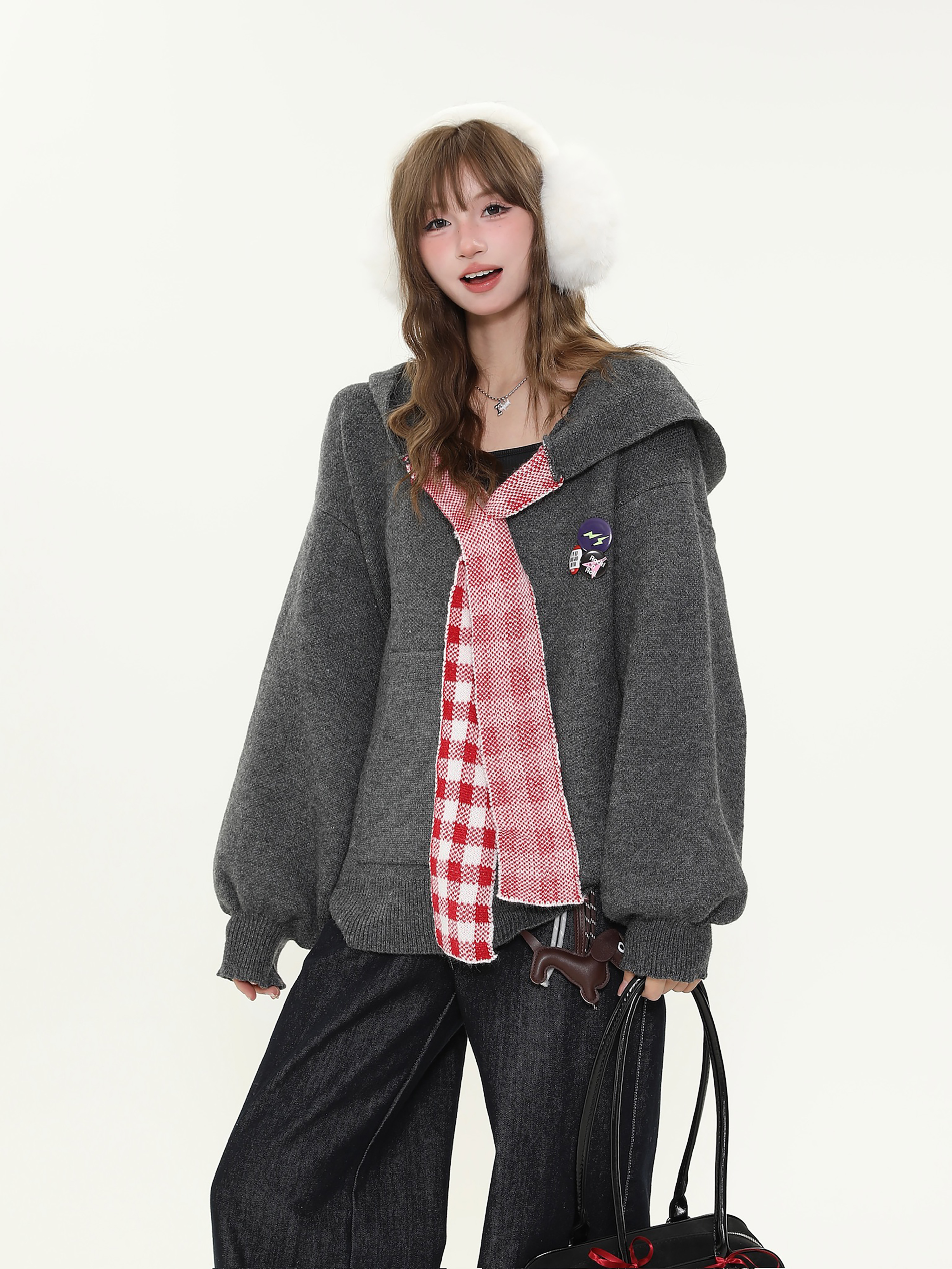 Vintage College Style Plaid Patchwork Hooded Sweater for Women - Loose Knitted Coat for Autumn Winter Casual Fashion