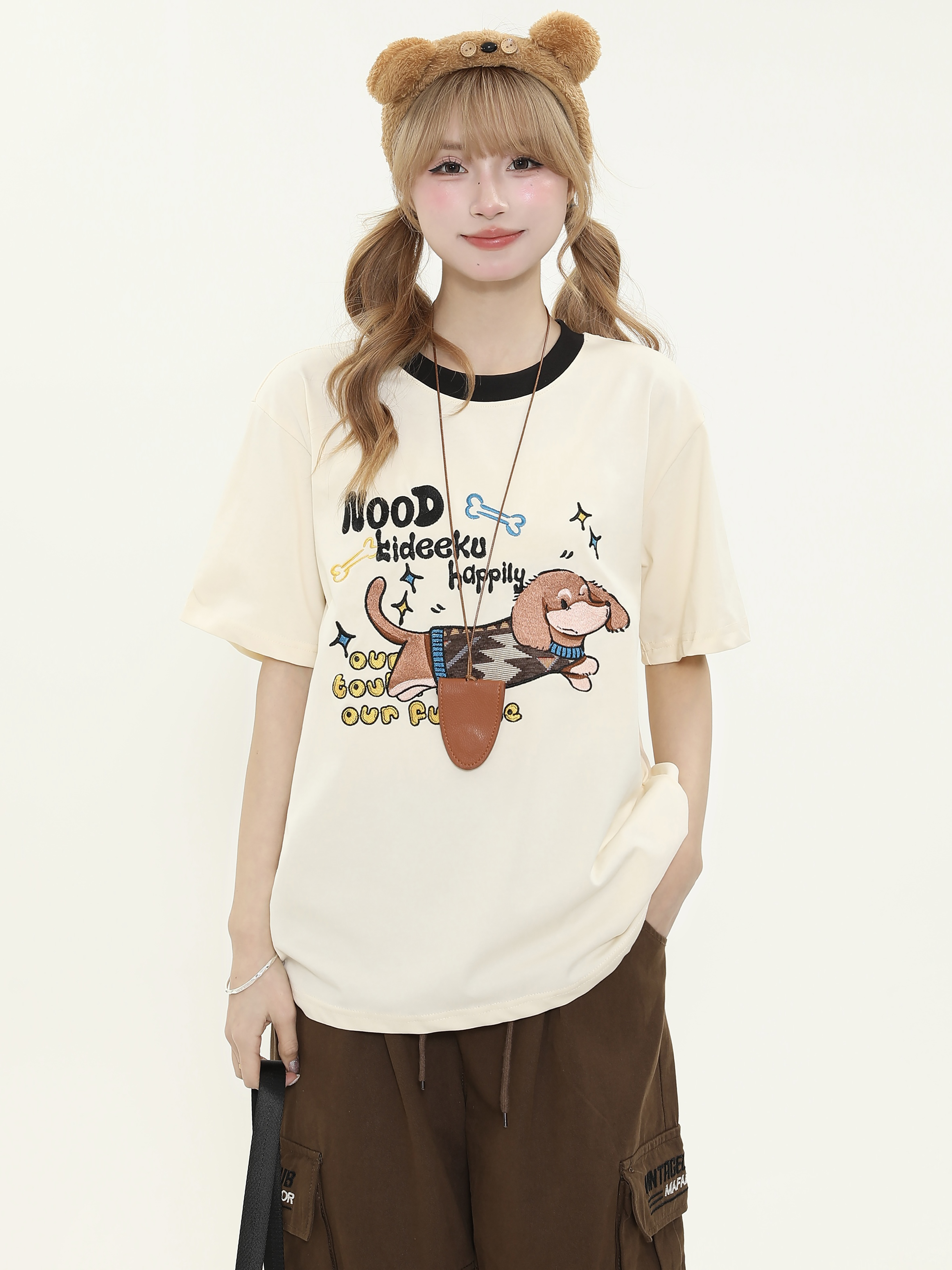 Vintage Cute Dog Embroidery Color Block Round Neck Short Sleeve T-Shirt for Women - Summer Loose Fit Pure Cotton Top