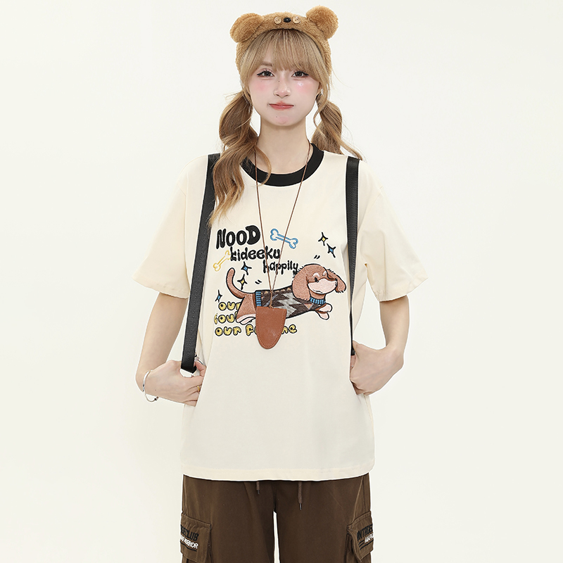 Vintage Cute Dog Embroidery Color Block Round Neck Short Sleeve T-Shirt for Women - Summer Loose Fit Pure Cotton Top