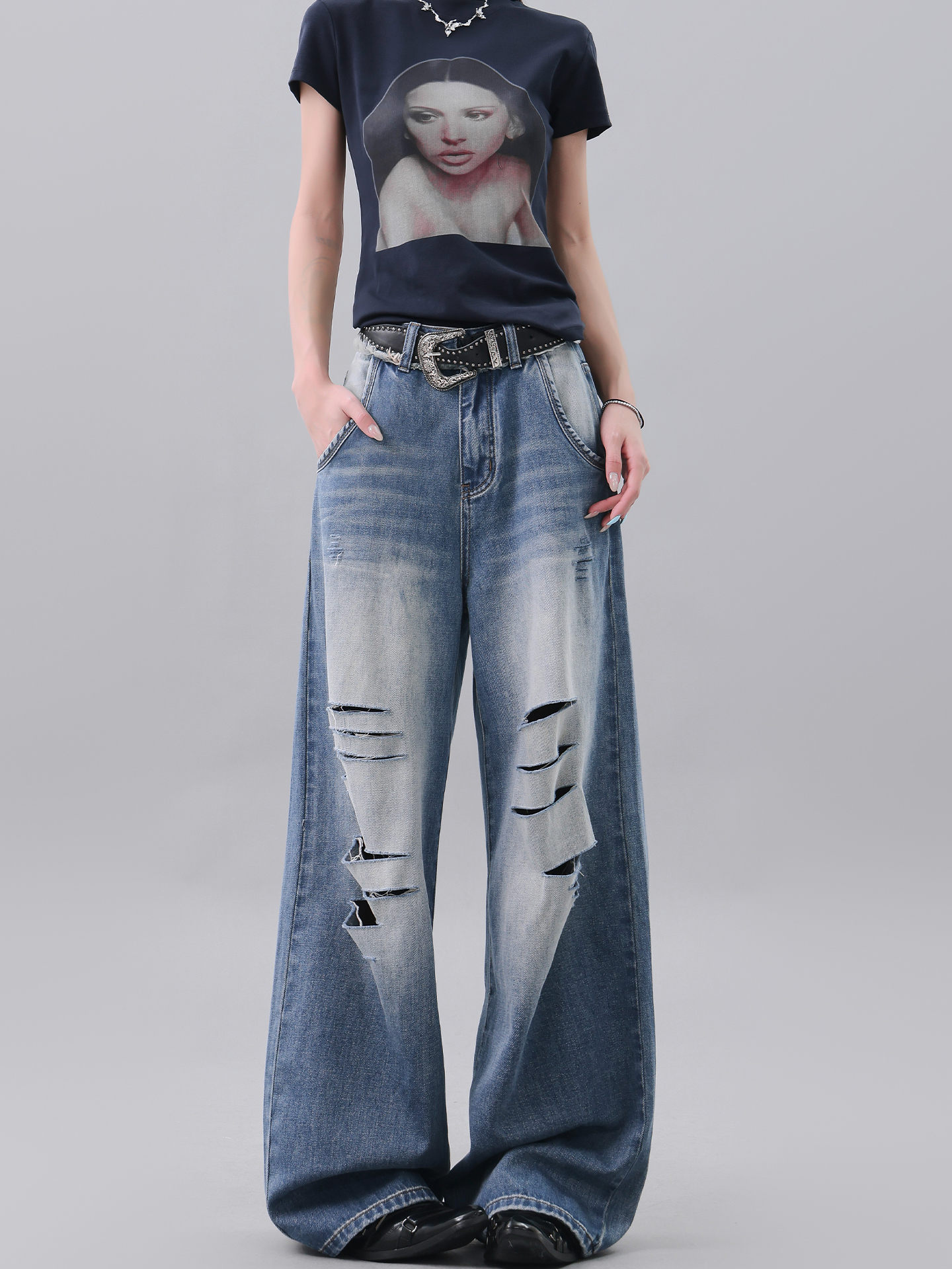 Vintage Deep Blue Cut-Out Ripped Jeans for Women - Loose Slimming Floor-Length Wide-Leg Pants, Y2K Style Vintage Deep Blue Cut-Out Ripped Jeans for Women - Loose Slimming Floor-Length Wide-Leg Pants, Y2K Style