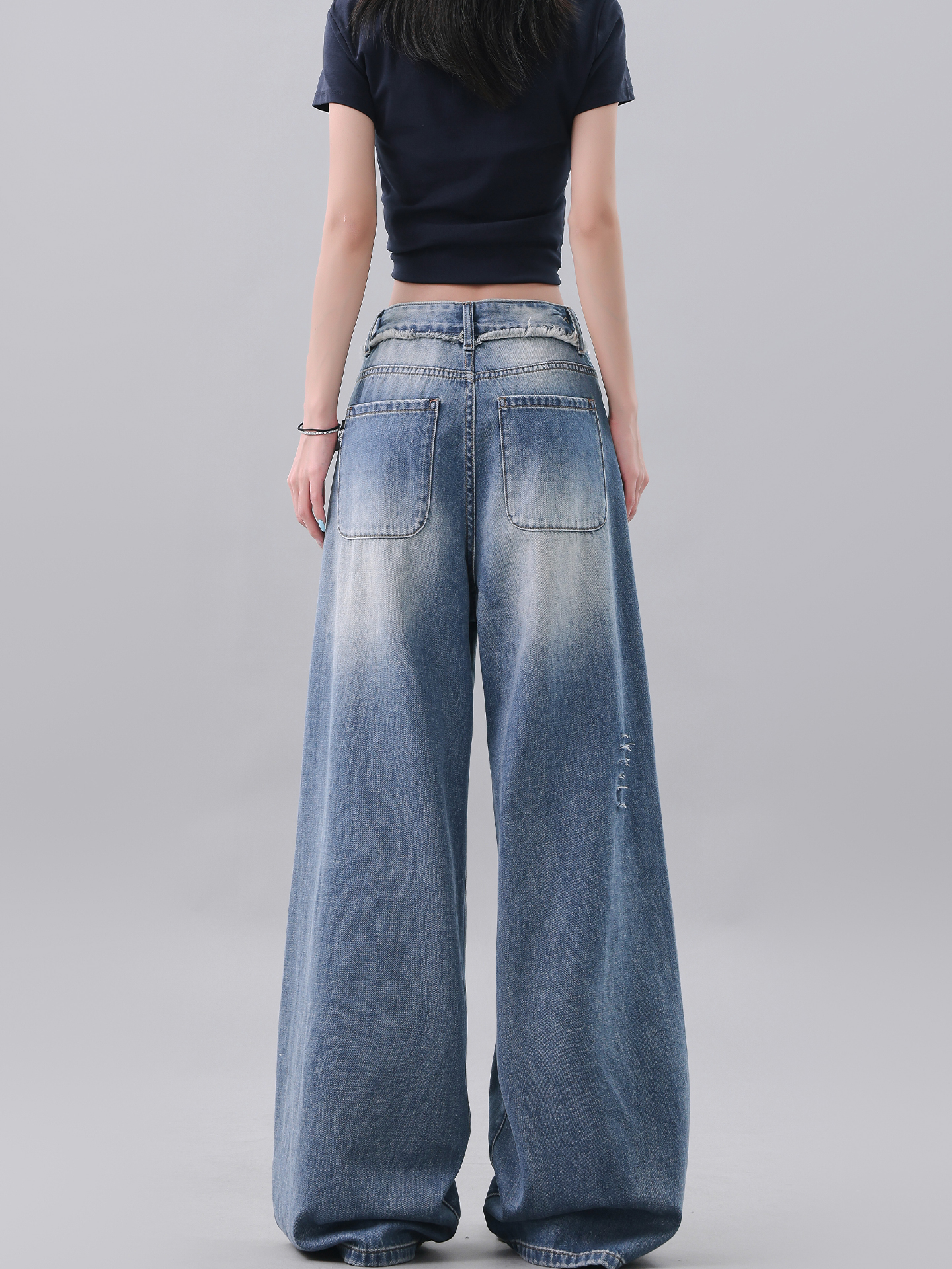 Vintage Deep Blue Cut-Out Ripped Jeans for Women - Loose Slimming Floor-Length Wide-Leg Pants, Y2K Style Vintage Deep Blue Cut-Out Ripped Jeans for Women - Loose Slimming Floor-Length Wide-Leg Pants, Y2K Style