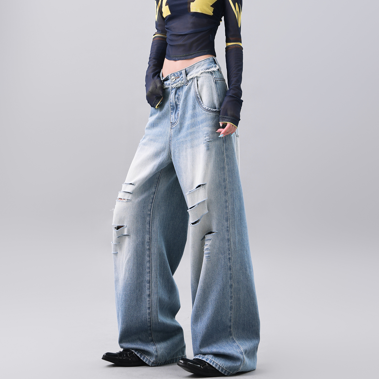 Vintage Deep Blue Cut-Out Ripped Jeans for Women - Loose Slimming Floor-Length Wide-Leg Pants, Y2K Style Vintage Deep Blue Cut-Out Ripped Jeans for Women - Loose Slimming Floor-Length Wide-Leg Pants, Y2K Style