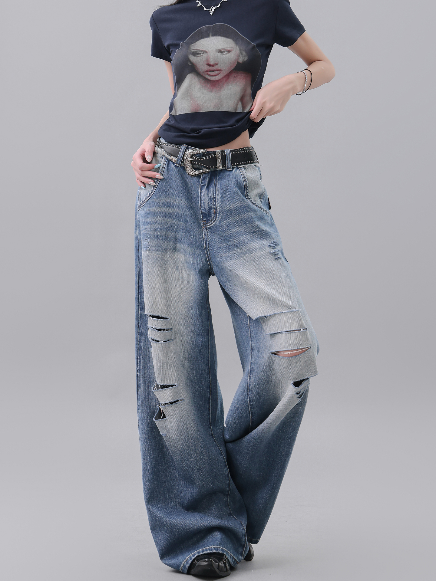 Vintage Deep Blue Cut-Out Ripped Jeans for Women - Loose Slimming Floor-Length Wide-Leg Pants, Y2K Style Vintage Deep Blue Cut-Out Ripped Jeans for Women - Loose Slimming Floor-Length Wide-Leg Pants, Y2K Style