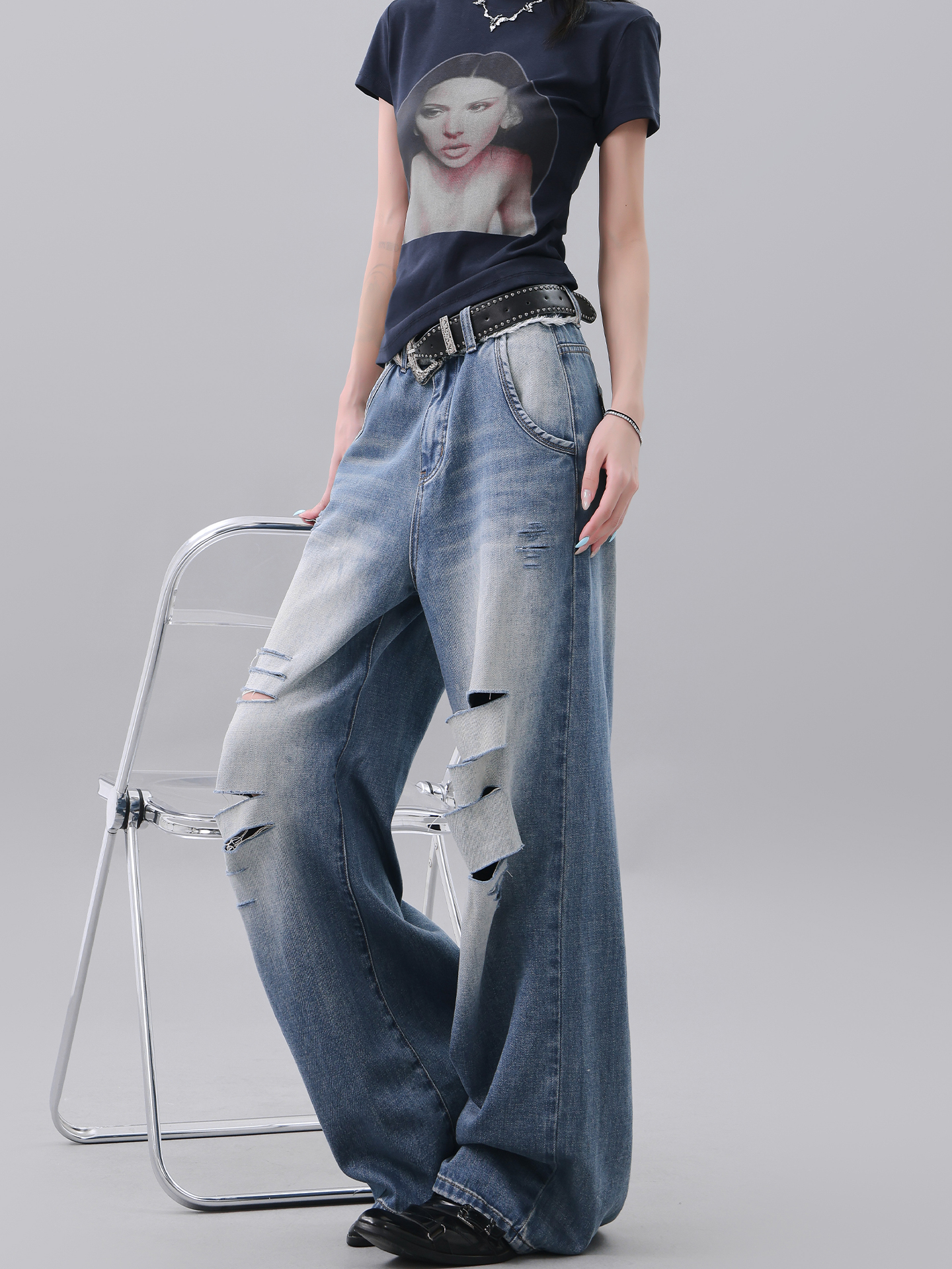 Vintage Deep Blue Cut-Out Ripped Jeans for Women - Loose Slimming Floor-Length Wide-Leg Pants, Y2K Style