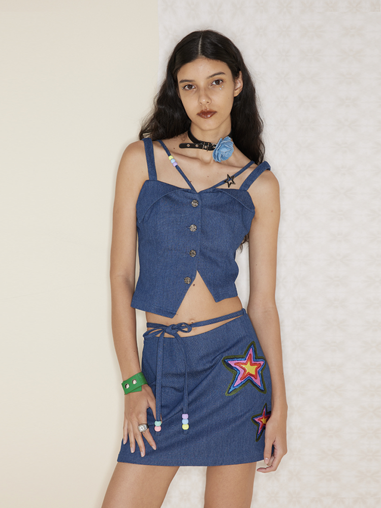 Vintage Denim Half Skirt with Waist Tie, Embroidered Slim-Fit Mini Skirt for Hot Girl Aesthetic, Y2K Style Fashion
