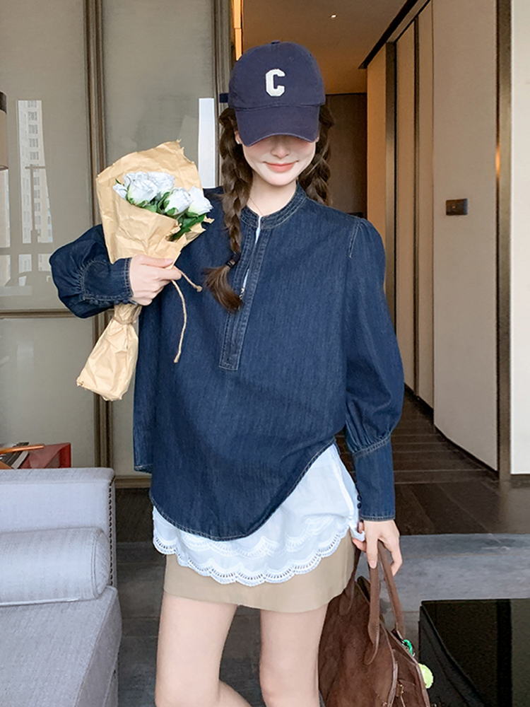 Vintage Denim Short Jacket for Women - Half-Zip Casual Top, Spring Autumn 2025 Fashion, Trendy Retro Style