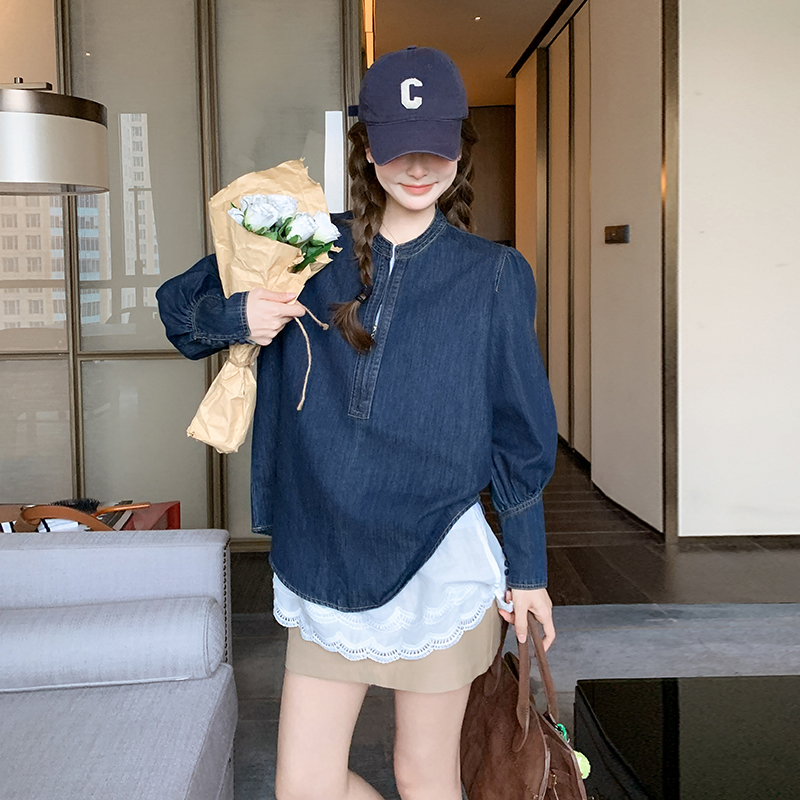 Vintage Denim Short Jacket for Women - Half-Zip Casual Top, Spring Autumn 2025 Fashion, Trendy Retro Style